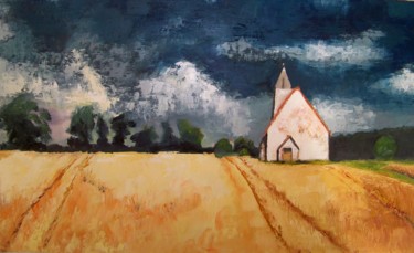 Painting titled "Chapelle dans un pa…" by Maryse Curinier-Rochette, Original Artwork, Oil Mounted on Wood Panel