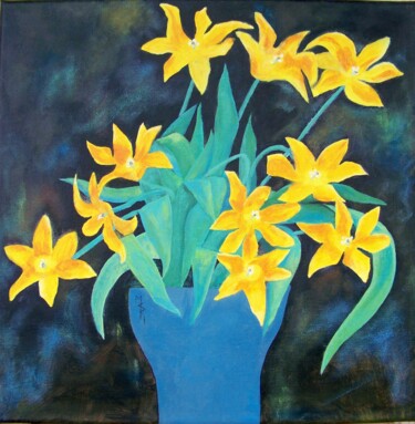 Pittura intitolato "Les fleurs jaunes é…" da Maryse Curinier-Rochette, Opera d'arte originale, Acrilico Montato su Telaio pe…