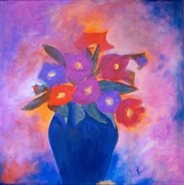 Painting titled "Fleurs bleues, rose…" by Maryse Curinier-Rochette, Original Artwork, Acrylic Mounted on Wood Stretcher frame