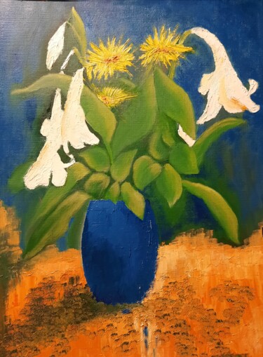Картина под названием "Bouquet jaune et bl…" - Maryse Curinier-Rochette, Подлинное произведение искусства, Масло