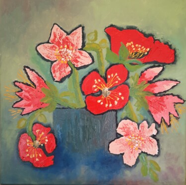 Painting titled "Fleurs rouges et ro…" by Maryse Curinier-Rochette, Original Artwork, Oil Mounted on Wood Stretcher frame