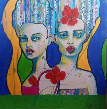 Painting titled "Soeurs d'âmes" by Marzel, Original Artwork, Acrylic Mounted on Wood Stretcher frame