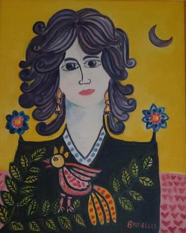 Peinture intitulée "Donna con pappagallo" par Massimiliano Bruselles, Œuvre d'art originale, Huile Monté sur Châssis en bois