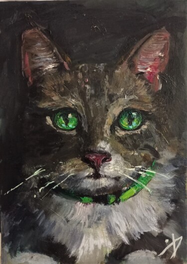 「Зеленоглазый кот」というタイトルの絵画 Yuliya Hmelevaによって, オリジナルのアートワーク, オイル