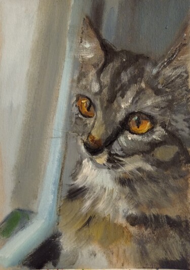 Картина под названием "Кошка у окошка" - Yuliya Hmeleva, Подлинное произведение искусства, Масло