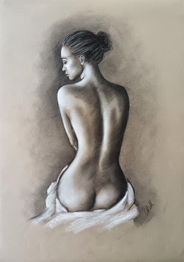 Disegno intitolato "Woman's back" da Mateja Marinko, Opera d'arte originale, Carbone