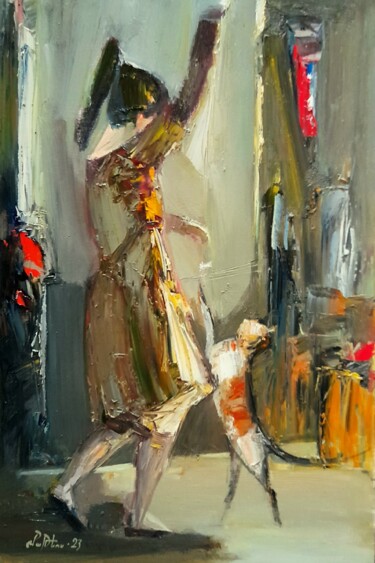 Painting titled "Playing with cat (4…" by Mateos Sargsyan, Original Artwork, Oil Mounted on Wood Stretcher frame