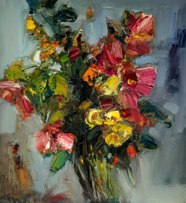 Painting titled "Vibrant Bouquet" by Mateos Sargsyan, Original Artwork, Oil Mounted on Wood Panel