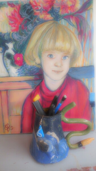 Malerei mit dem Titel "portrait en bleu" von Mathilde Groult, Original-Kunstwerk, Öl