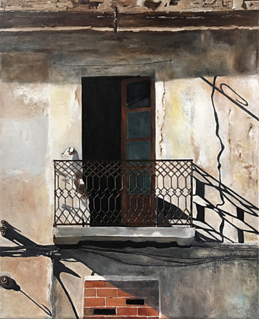 Painting titled "Dog on Balcony" by Mats Pehrson, Original Artwork, Oil Mounted on Wood Stretcher frame