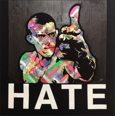 Painting titled "HATE" by Matteo Calconi, Original Artwork, Screenprinting Mounted on Wood Stretcher frame