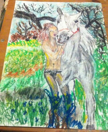 Disegno intitolato "donna-con-cavallo.j…" da Mattia Baldin, Opera d'arte originale, Matite colorate
