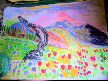 Disegno intitolato "ioga-in-the mountain" da Mattia Baldin, Opera d'arte originale, Pastello