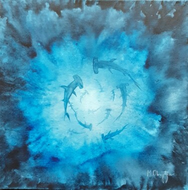 Painting titled "Valse bleue" by Maud Obraztsov, Original Artwork, Watercolor Mounted on Wood Stretcher frame