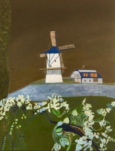 Painting titled "Le moulin à vent -…" by Maurice Bellolo, Original Artwork, Oil Mounted on Wood Stretcher frame
