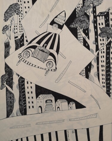 Zeichnungen mit dem Titel "La corsa" von Mauro Sposito, Original-Kunstwerk, Gel Stift