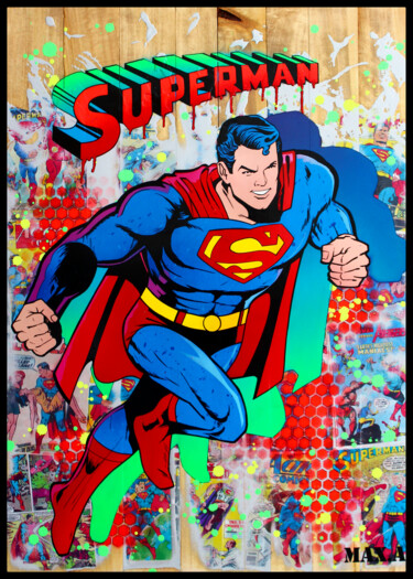 Schilderij getiteld "superman 3" door Max Andriot, Origineel Kunstwerk, Graffiti Gemonteerd op Houten paneel