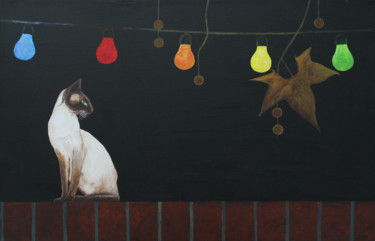 Schilderij getiteld "Siamese Cat on a wa…" door Robert Harris, Origineel Kunstwerk, Olie