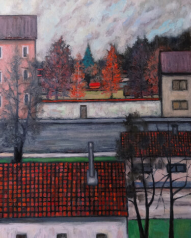 Schilderij getiteld "Autumn urban landsc…" door Massimiliano Ligabue, Origineel Kunstwerk, Olie