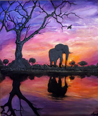 Painting titled "Savannah sunrise" by Maya Bt, Original Artwork, Acrylic Mounted on Wood Stretcher frame