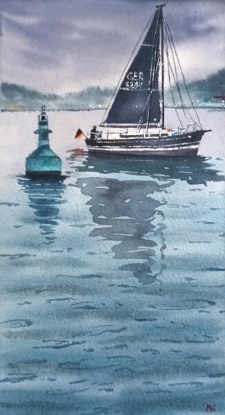 Schilderij getiteld "Black Sails" door Maya Galleas, Origineel Kunstwerk, Aquarel