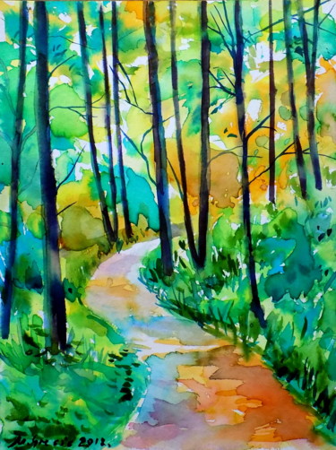 Schilderij getiteld "Forest path VII" door Maja Grecic, Origineel Kunstwerk, Aquarel