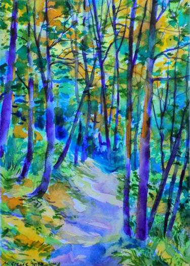 Schilderij getiteld "Forest path IX" door Maja Grecic, Origineel Kunstwerk, Aquarel