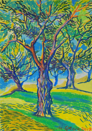 Dessin intitulée "Olive grove No 5" par Maja Grecic, Œuvre d'art originale, Pastel