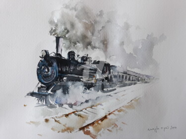 Pintura intitulada "TRENES DE ANTES I" por Maylu Garcia (María Luisa García), Obras de arte originais, Aquarela