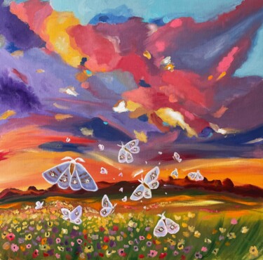 Painting titled "Moth Valley" by Mayra Freeman, Original Artwork, Oil Mounted on Cardboard