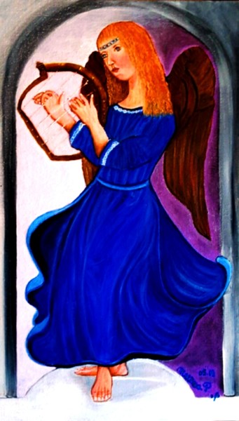 Painting titled "L'ange bleu avec ha…" by Patricia Mazzeo, Original Artwork, Oil