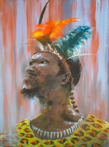Schilderij getiteld "Impi Warrior" door Mbongeni, Origineel Kunstwerk, Olie