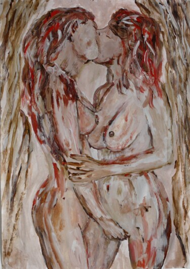 Pittura intitolato "erotic lesbiennes nu" da Michel Capra, Opera d'arte originale, Acrilico Montato su Pannello di legno