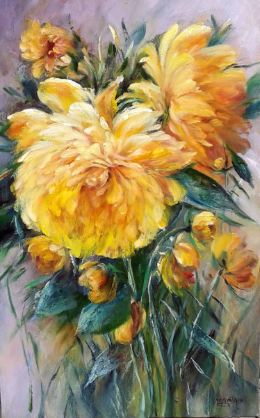 绘画 标题为“Les dahlias jaunes…” 由Chrispaint-Flowers, 原创艺术品, 油