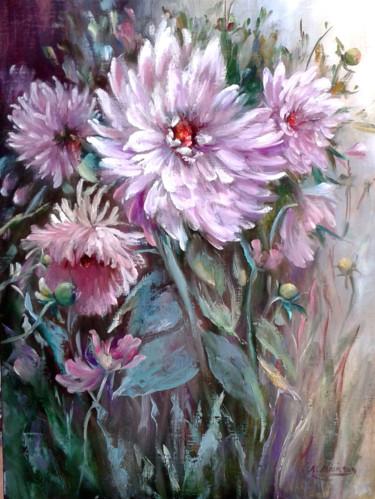 Картина под названием "Les dahlias du mois…" - Chrispaint-Flowers, Подлинное произведение искусства, Масло