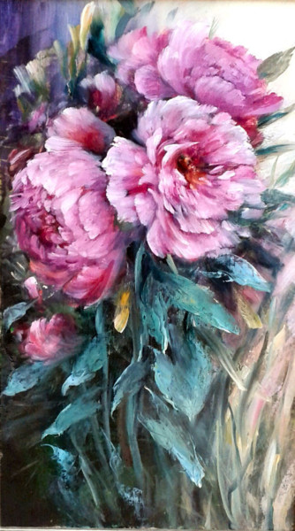 Картина под названием "Pivoines roses" - Chrispaint-Flowers, Подлинное произведение искусства