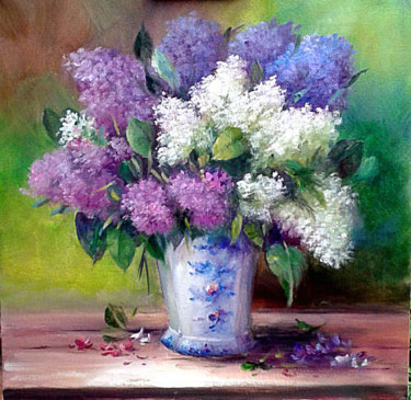 Painting titled "Lilas et son joli v…" by Chrispaint-Flowers, Original Artwork, Oil