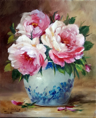 Картина под названием "Les roses au vase b…" - Chrispaint-Flowers, Подлинное произведение искусства, Масло