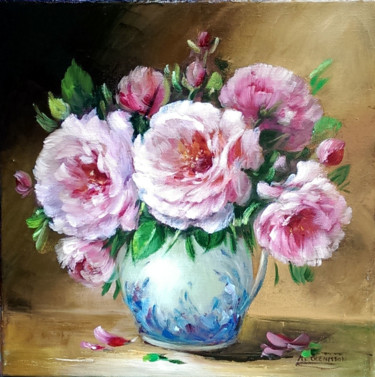 Картина под названием "Le pot de roses" - Chrispaint-Flowers, Подлинное произведение искусства, Масло