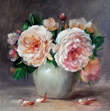 Картина под названием "Le petit pot de ros…" - Chrispaint-Flowers, Подлинное произведение искусства
