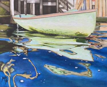 Peinture intitulée "canot et son reflet" par M'Do, Œuvre d'art originale, Acrylique Monté sur Carton