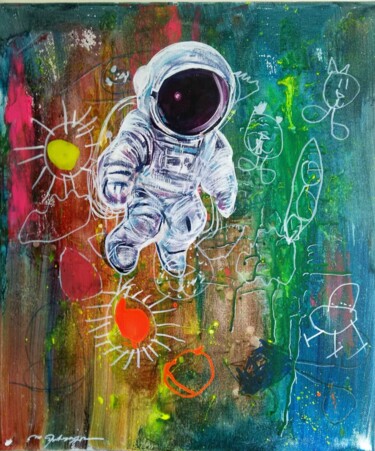 Painting titled "A Space Adventure w…" by Mehdi Fahraji, Original Artwork, Acrylic