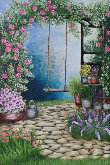 Painting titled "Romantic Garden" by Mela Calkic, Original Artwork, Acrylic