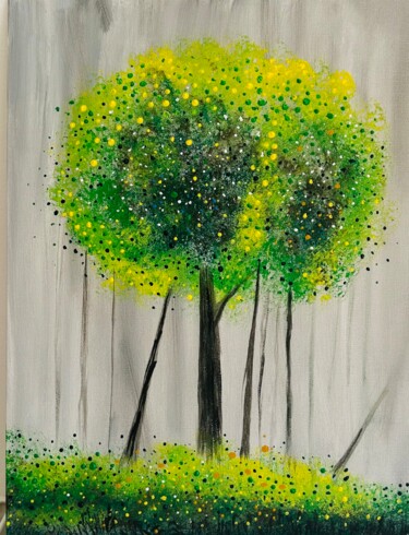 Malerei mit dem Titel "Grüner Baum im Nebel" von Melina Schatzmann, Original-Kunstwerk, Acryl Auf Karton montiert