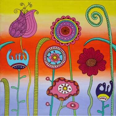 Malerei mit dem Titel "Fairytale flowers" von Melinda Vamosi, Original-Kunstwerk, Acryl Auf Keilrahmen aus Holz montiert