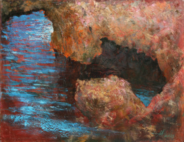 Schilderij getiteld "Grotto" door Anatoliy Menkiv, Origineel Kunstwerk, Olie Gemonteerd op Frame voor houten brancard