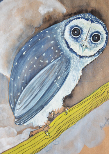 Painting titled "owl and full moon" by Merve Gürlek, Original Artwork, Oil