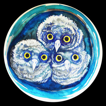 Painting titled "3 owls" by Merve Gürlek, Original Artwork, Watercolor