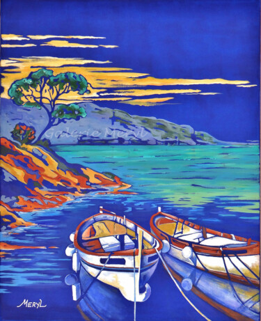 Painting titled "Barques de pêcheurs…" by Meryl, Original Artwork, Acrylic Mounted on Wood Stretcher frame