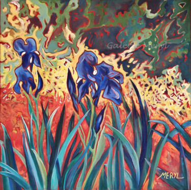 Painting titled "Iris bleus au jardin" by Meryl, Original Artwork, Acrylic